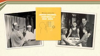 Banner image for the Symbolic Significance exhibition shows a photo of a rabbi with a shofar, a pamphlet titled 'What everyone should know about Jewish holidays, festivals, and fast days,' and a photo of an adult and three children saying blessings at a menorah