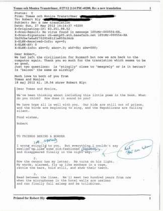 Email from Bly to Tranströmer about Airmail book.