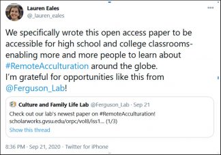 Lauren Eales described their desire to publish OA: “to be accessible for high school and college classrooms- enabling more and more people to learn about #RemoteAcculturation around the globe.”