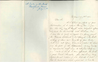 Image of a letter from Jefferson City, Missouri in 1866, begging the YMCA to call upon a young man new to the city to “counterbalance the basest temptations of city life.”