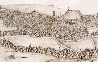 early modern illustration of a landscape with hills, trees, and walled city
