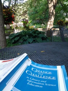 Book on libraries on a table in the middle of the Minnesota Landscape Arboretum.