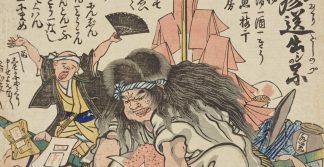 A close-up from an 1862 hand-colored Japanese woodblock print. In the foreground is a demon representing measles; in the background is a fearful physician.