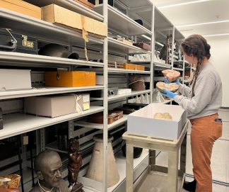 A student worker handling artifacts in the Wangensteen vault