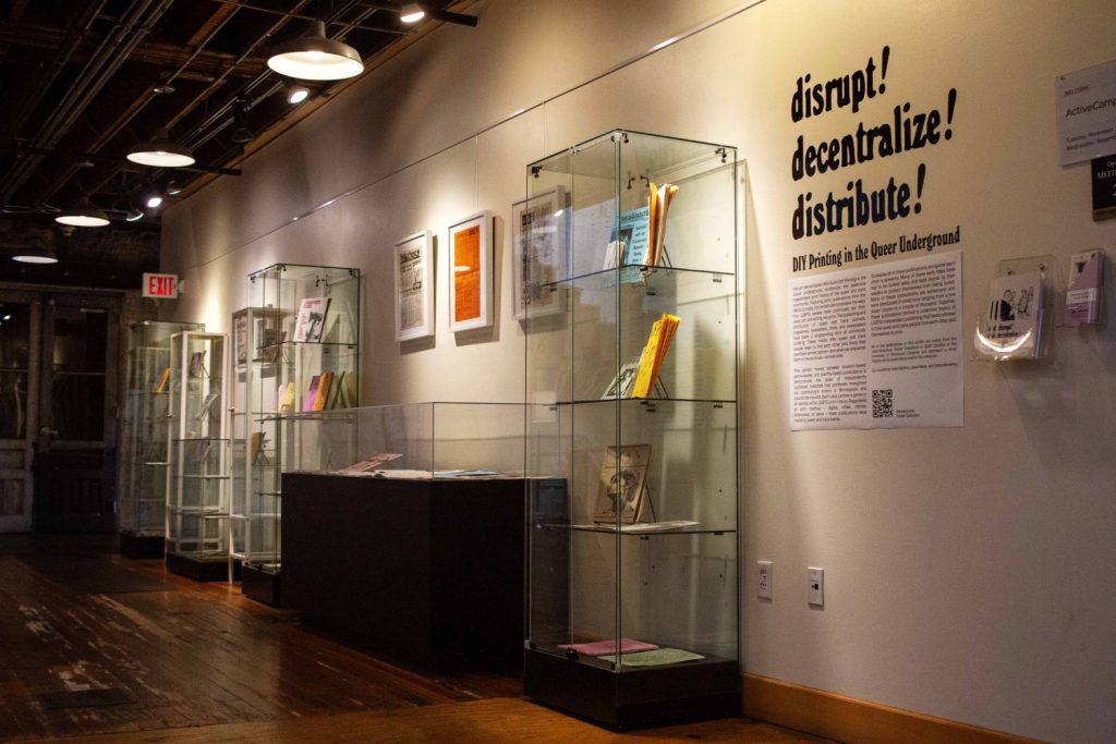 The Tretter Collection's exhibit "disrupt! decentralize! distribute! DIY Printing in the Queer Underground” on display at Open Book in Minneapolis, on Wednesday, Nov. 29, 2023. (Photo/Adria Carpenter)