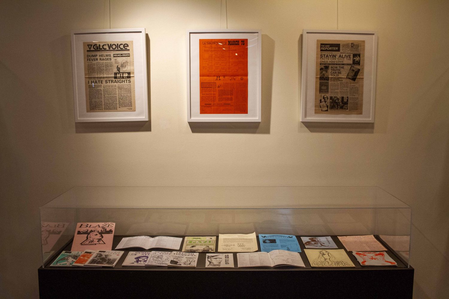 The Tretter Collection's exhibit "disrupt! decentralize! distribute! DIY Printing in the Queer Underground” on display at Open Book in Minneapolis, on Wednesday, Nov. 29, 2023. (Photo/Adria Carpenter)