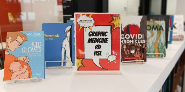 Images of books on display.