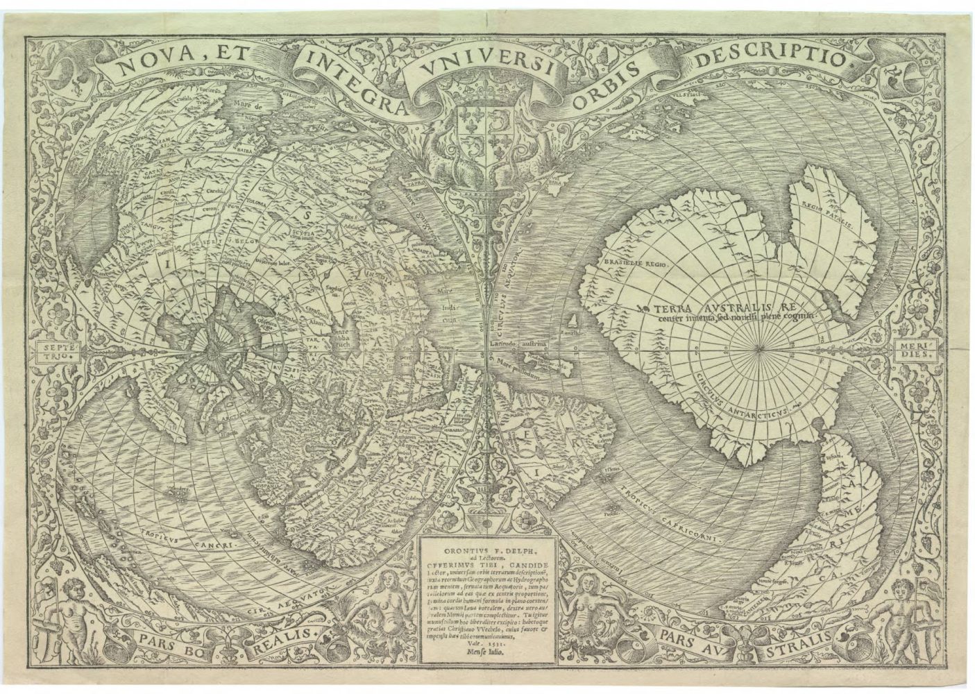 Cordiform or heart-shaped, double hemisphere map, split at the equator with North to the left and South to the right of the image. 