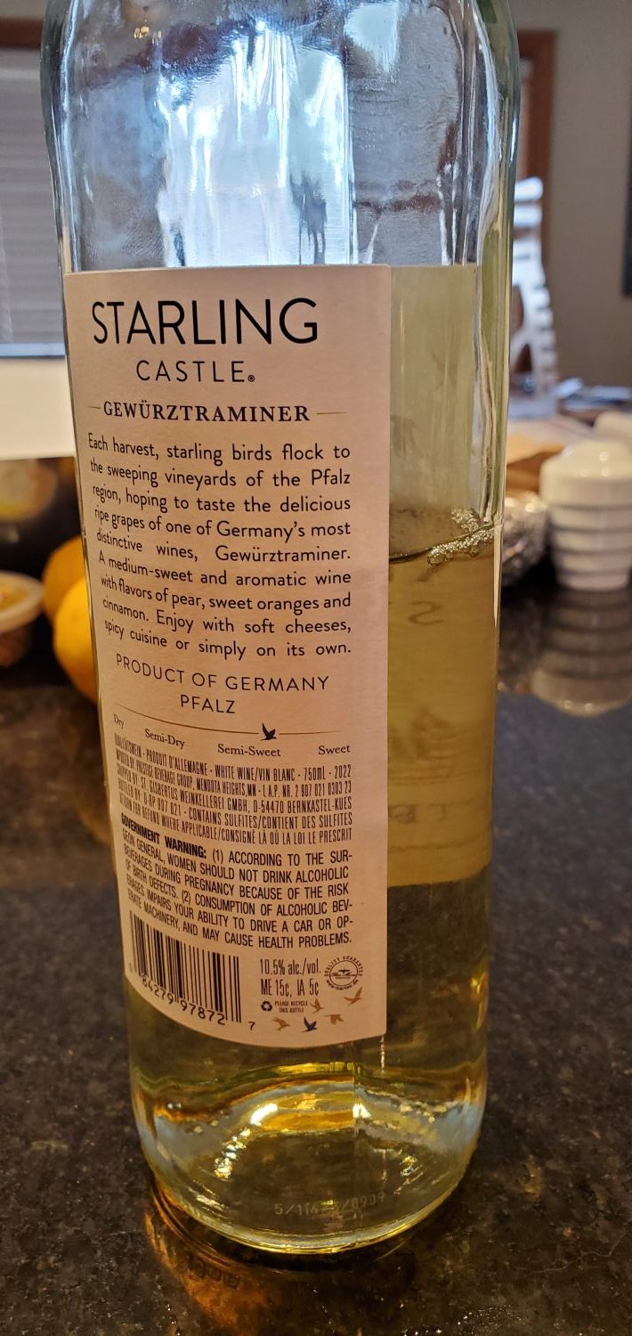 Wine bottle showing the label at the back.