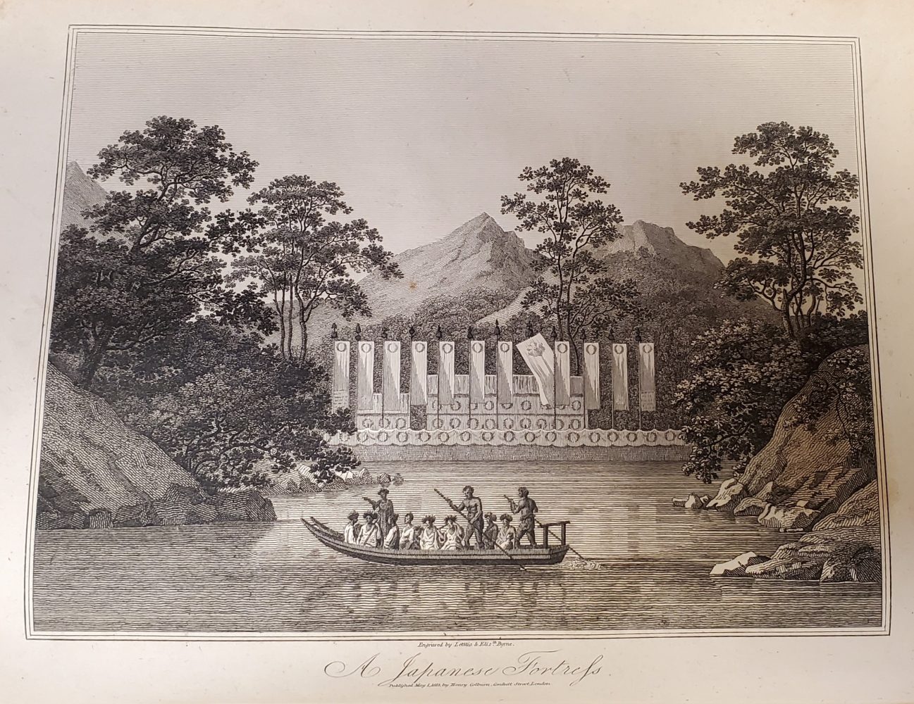 A harbor with a fort in the background and a type of canoe full of people being rowed in the foreground.