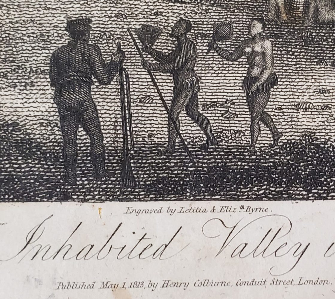 Close-up showing three figures, and under the frame, the names of Letitia and Elizabeth Byrne.