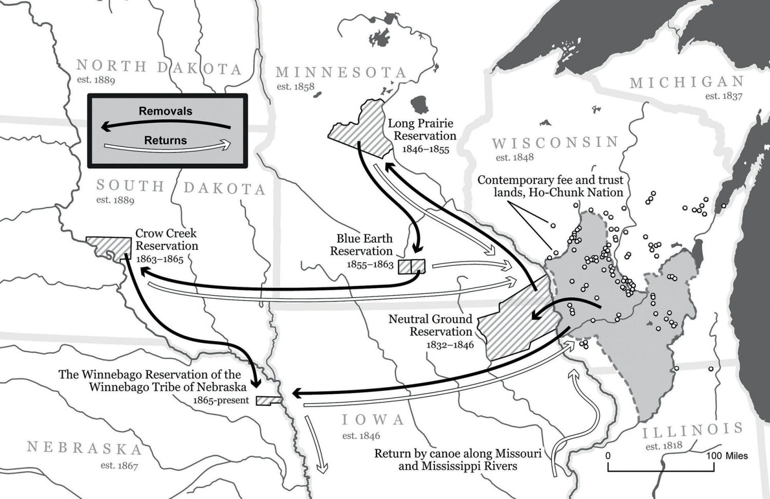 Removals of Ho-Chunk people from 1832 to present.