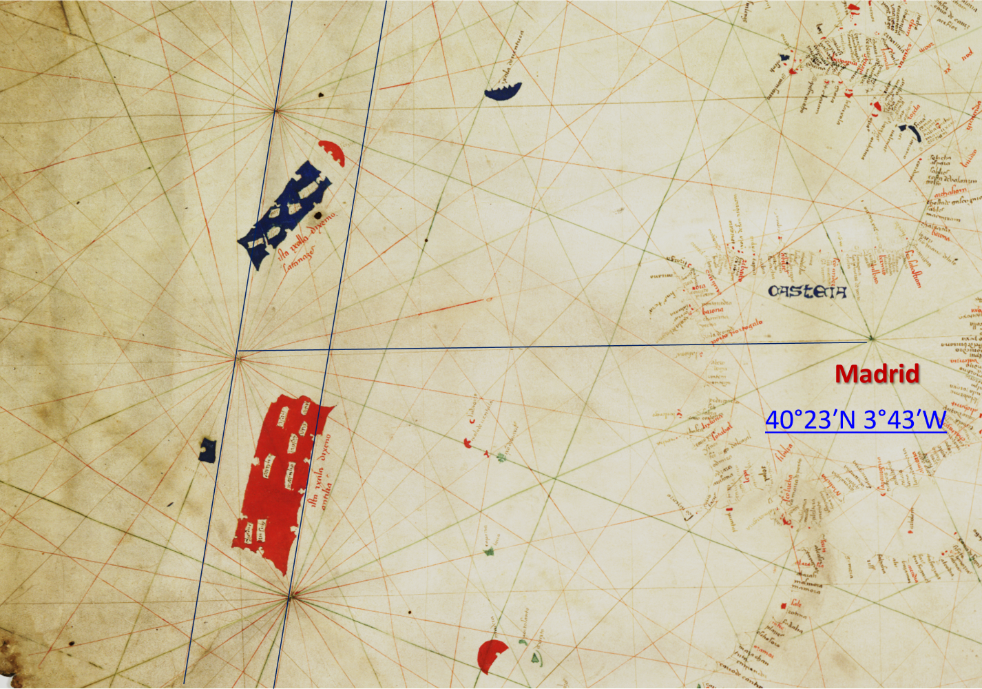 1424 chart with modern line of latitude depicted, drawn from Madrid.