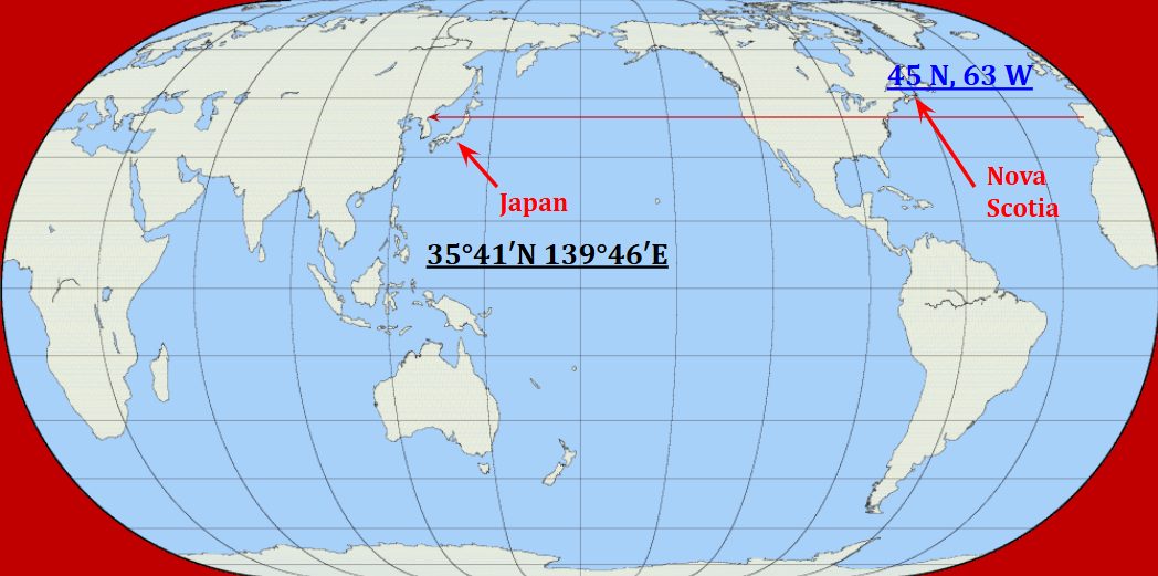 Modern world map showing line of latitude centered on Madrid and extended to Japan.