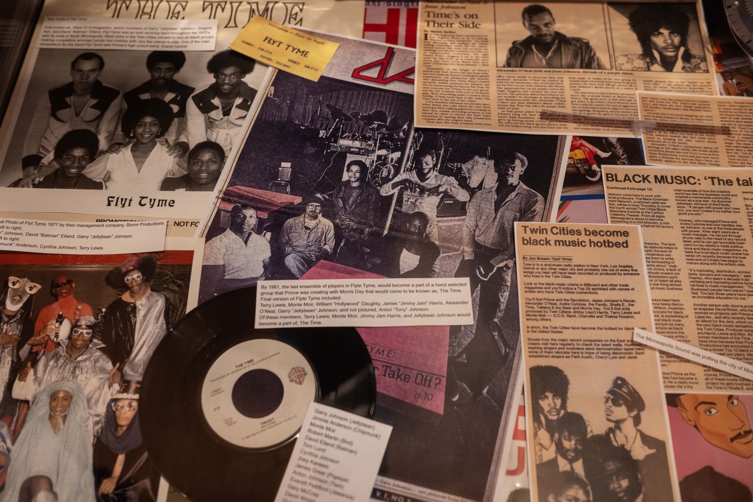 Albums, articles, and photographs about The Time and other pioneers of the Minneapolis Sound, on display in the "Music on Hennepin" exhibit on Monday, December 9, 2024. (Photo/Adria Carpenter)