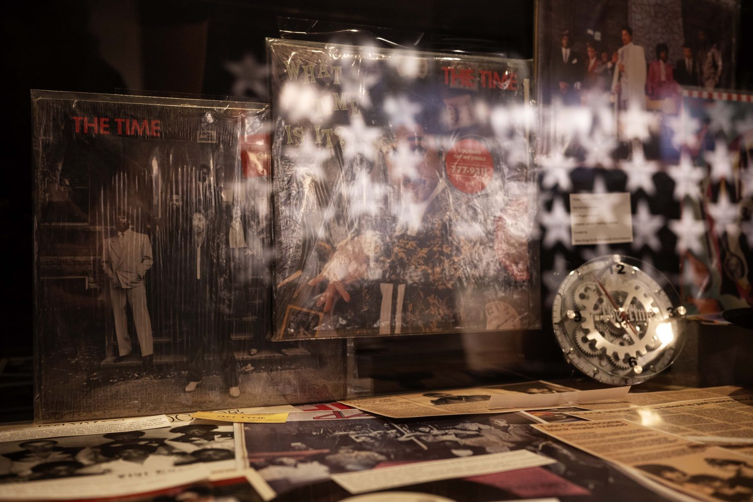 Albums, articles, and photographs about The Time and other pioneers of the Minneapolis Sound, on display in the "Music on Hennepin" exhibit on Monday, December 9, 2024. (Photo/Adria Carpenter)