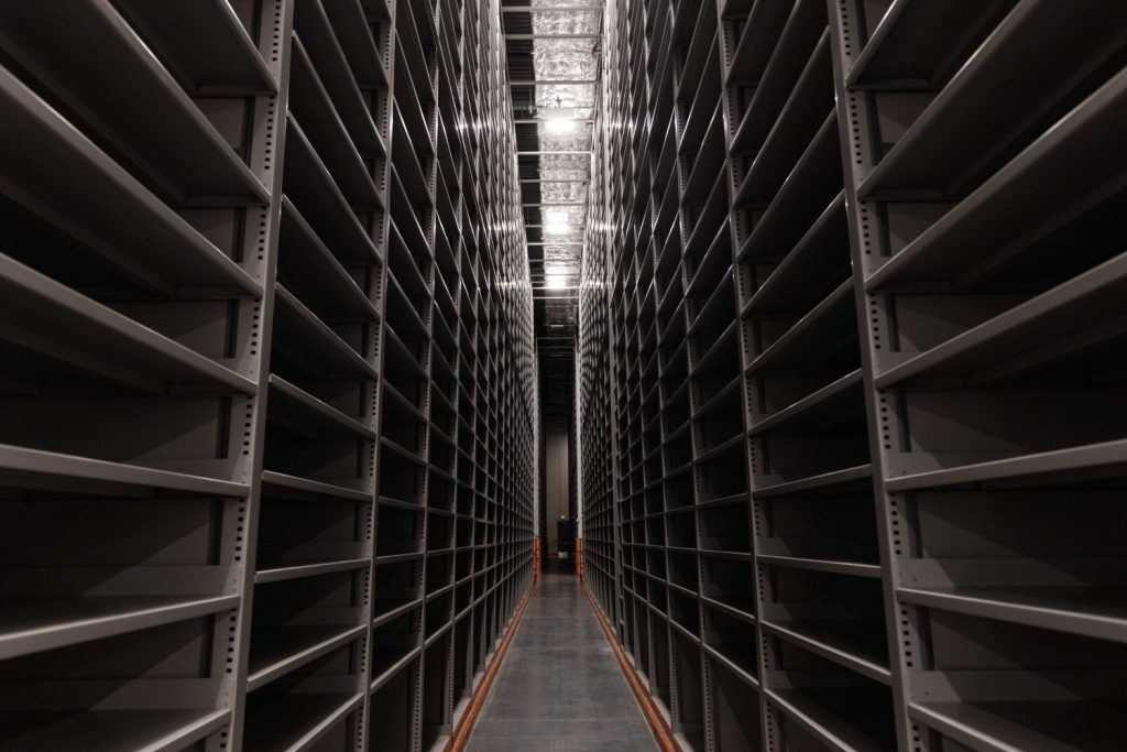Stacks for new materials new off-site collections facility, on Tuesday, March 4, 2025, in Minneapolis. (Photo/Adria Carpenter)