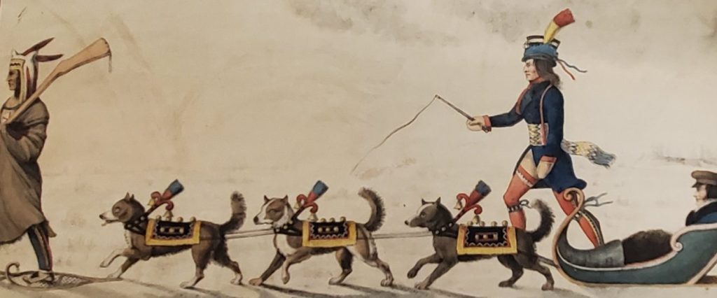 Image of European man sitting in sled pulled by dogs, led by a Native American man.