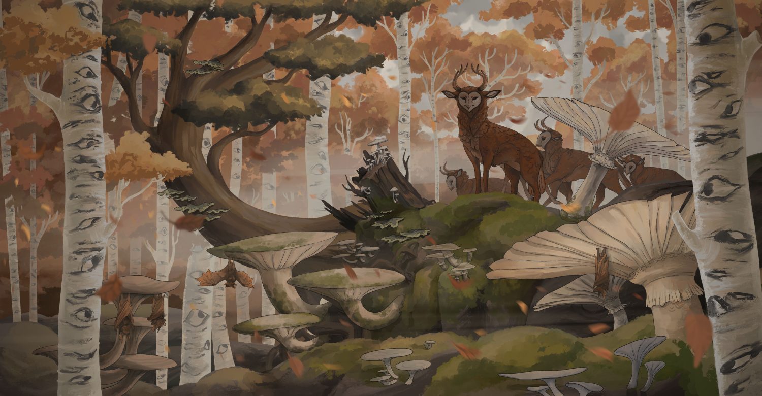 Digital painting of an owl-faced deer by Amy Brewster.