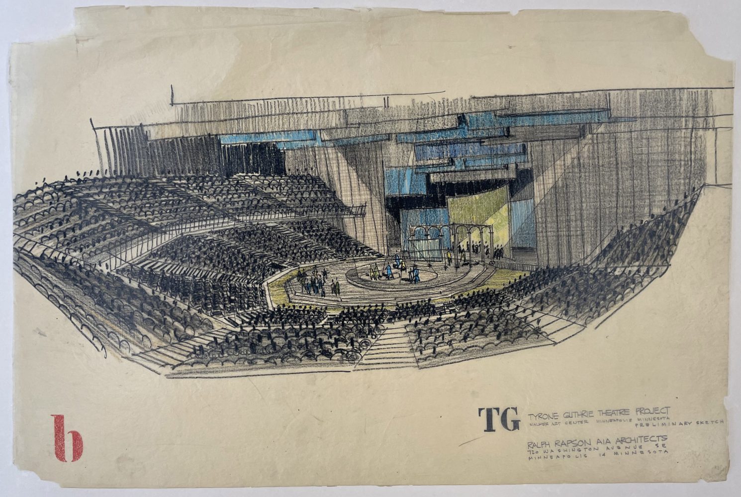 Guthrie Theater: Preliminary Sketch of Stage and House: Scheme B, Ralph Rapson & Associates, 1960