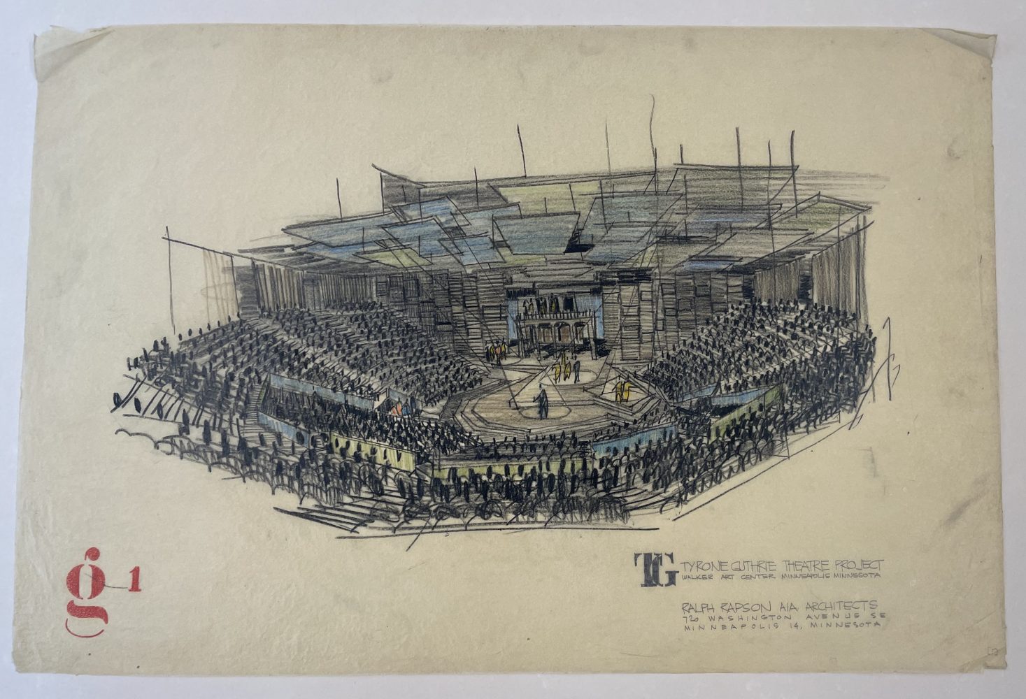 Guthrie Theater: Preliminary Sketch of Stage and House: Scheme G1, Ralph Rapson & Associates,1960. Northwest Architectural Archives.