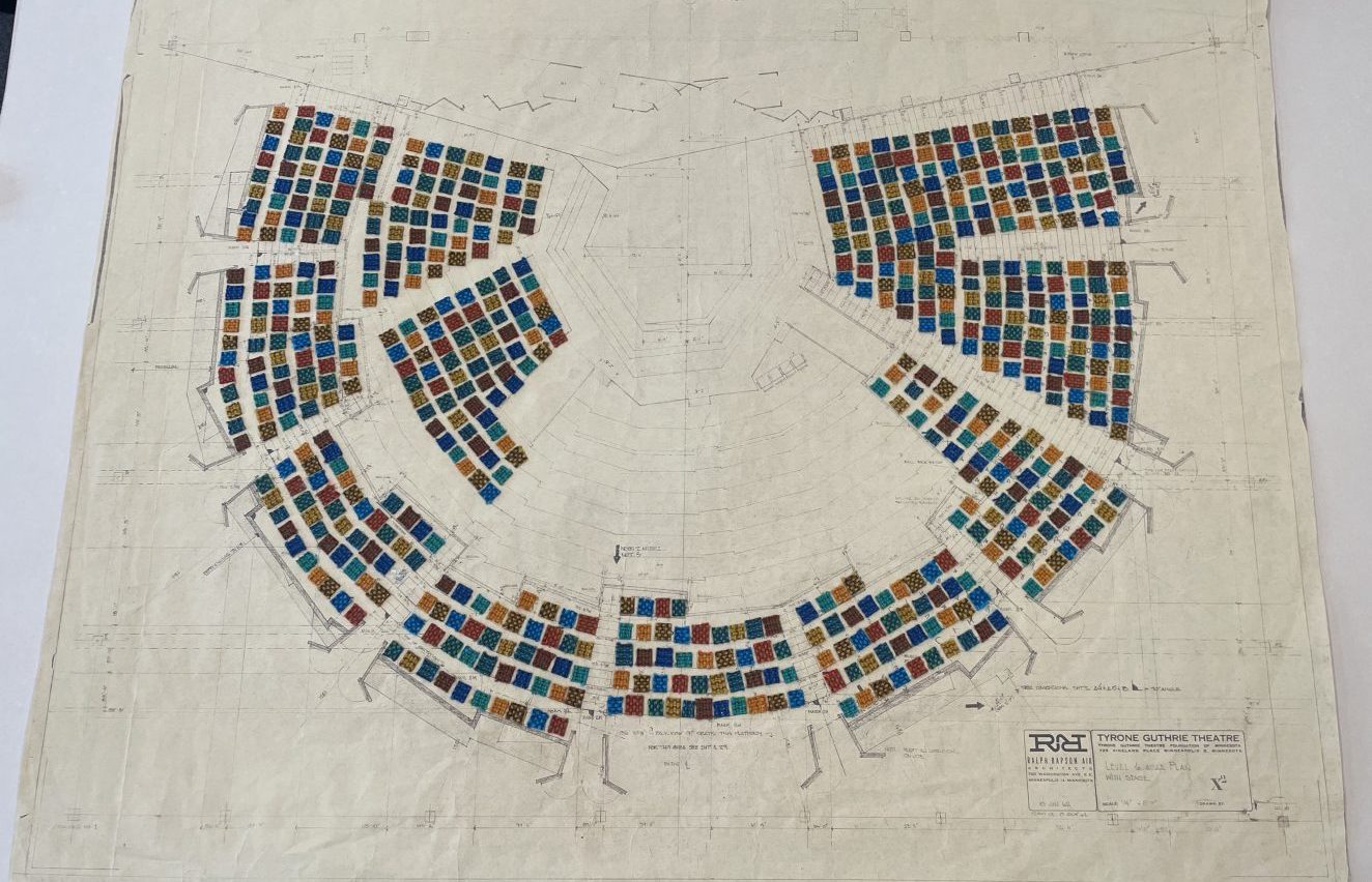 Guthrie Theater: Seating Layout with Fabric Swatches (1), Ralph Rapson & Associates, 1962. Northwest Architectural Archives.