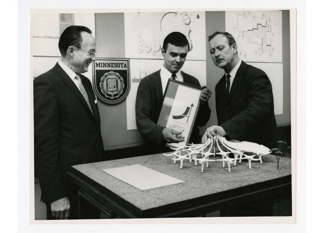 Ralph Rapson with student and architectural model. 1964. University of Minnesota Libraries, University Archives, UMedia.