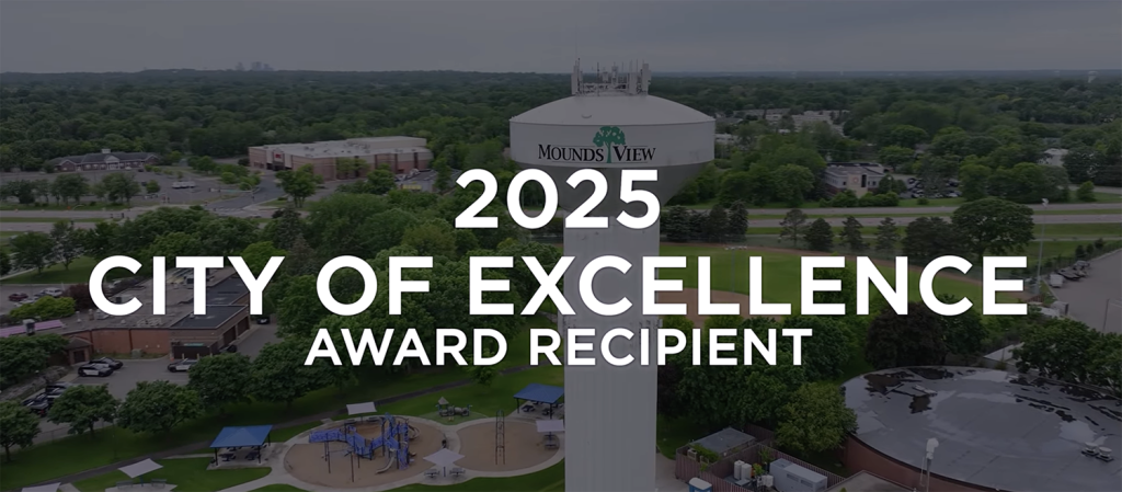 Aerial shot of Mounds View, Minnesota with text overlaid that reads 2025 City of Excellence Award Recipient