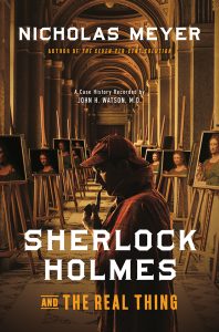 Book cover of Sherlock Holmes and the Real Thing with a young Sherlock Holmes in front and center and many identical portraits on easels stretching into the background of a room with tall gothic arches
