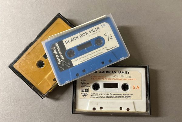 Three audio cassette tapes piled up, one is blank yellow, one is blue with the title “Black Box,” and one is white with the title “The American Family.”