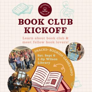 Book Club Kickoff graphic with date and time of event laid over a drawing of a book. Images of the book club are overlayed on top.