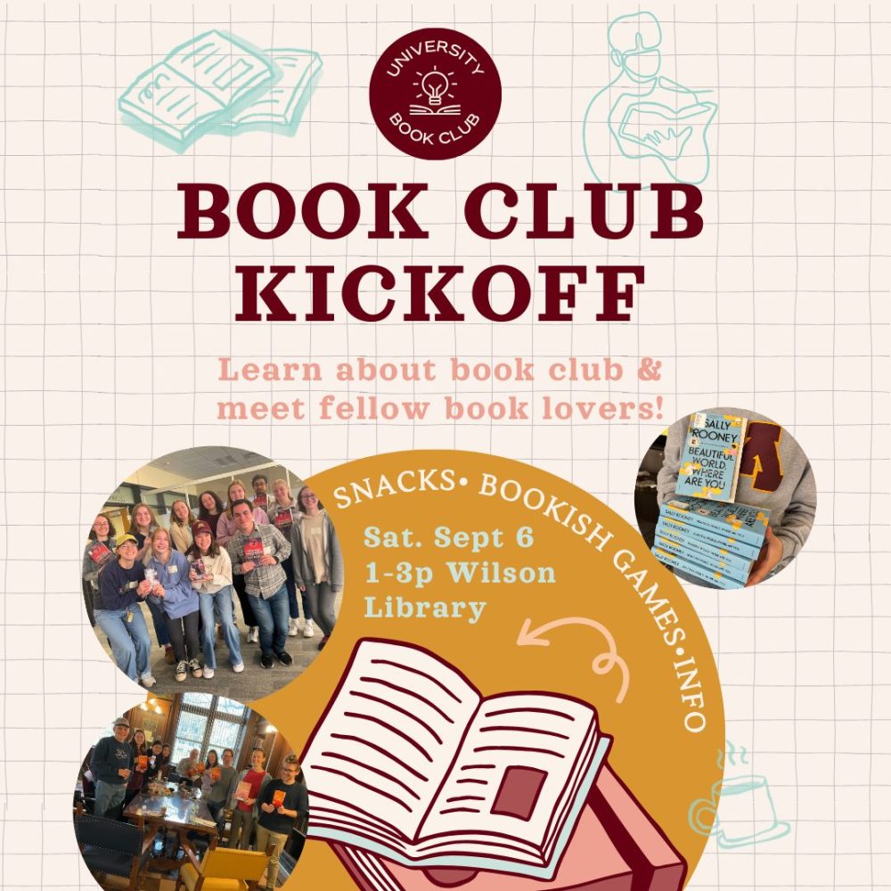 Book Club Kickoff graphic with date and time of event laid over a drawing of a book. Images of the book club are overlayed on top.