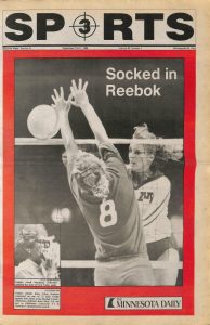 Sports Section of the 1988 Welcome Week Edition of The Minnesota Daily, featuring Minnesota Gopher Volleyball player, Chris Schaefer spiking the ball against Iowa State.