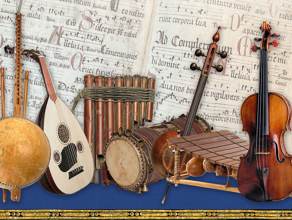 exhibit collage with historical instruments and sheet music
