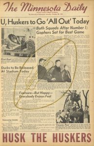 Image of the front cover of The Minnesota Daily, student newspaper at the University of Minnesota from Saturday, October 20, 1951. Articles include articles highlighting the Homecoming events.