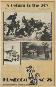 Image of the front cover of advertising supplement of The Minnesota Daily, student newspaper at the University of Minnesota from October 30, 1978. Cover includes images of the Twin Cities campus in the 1920s.