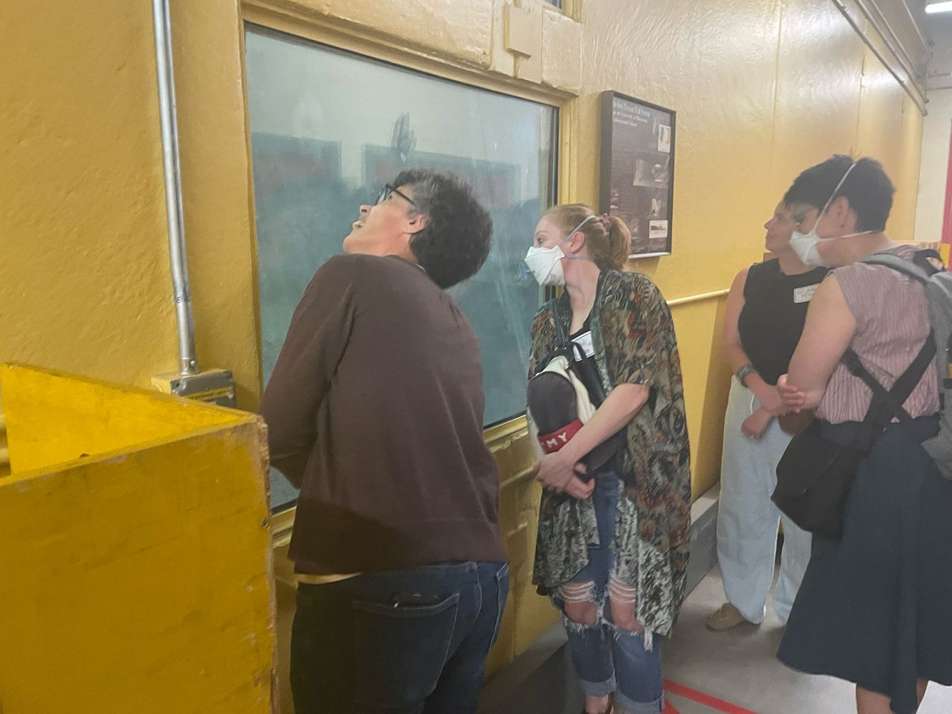 Four people look up at a window in the hallway of the caverns under Andersen Library showing the limestone wall the caverns are built into