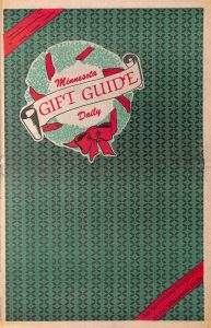 Cover of the Gift Guide from December 1983. The cover includes wrapping paper with a wreath with the text, “Minnesota Daily Gift Guide.”
