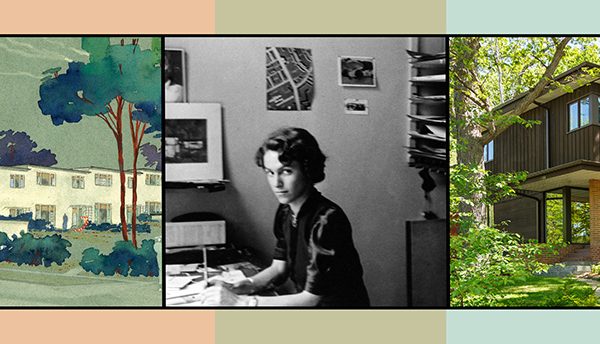 Collage by Darren Terpstra of illustrations and photos about Elizabeth Schue Close and her architectural work