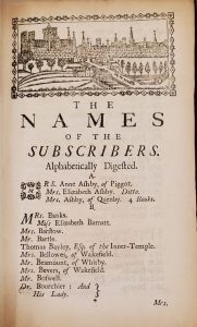 Woodblock image of a city, followed by a list of names.
