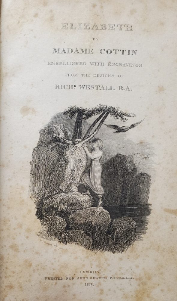 Title page with engraving, showing woman in a dress, climbing rocks, and apparently taking something from a large nest, while a large bird flies nearby.