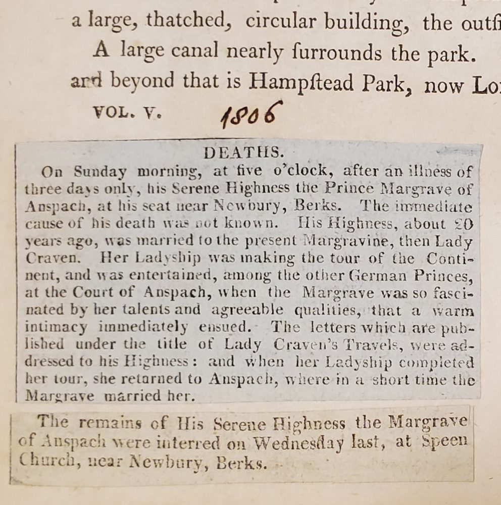 Close-up image of the clipping which records the death of the Margrave of Anspach in 1806.