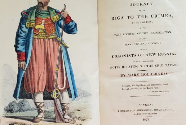 Title page, and frontispiece showing a colorful image of a man in reddish baggie trousers and a blue coat.