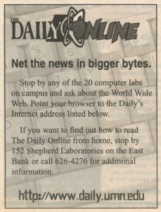 Clipping of the "The Daily Online" advertisement, published in the September 21, 1995 issue of The Minnesota Daily.