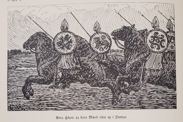 Woodblock image of knights with shields riding horses.